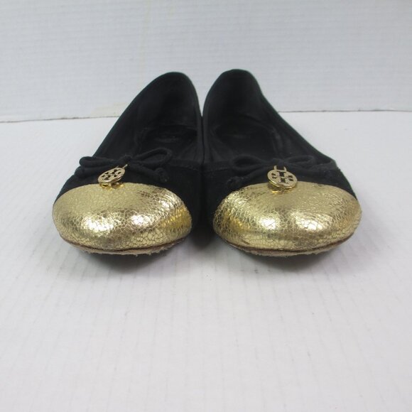 Tory Burch CHELSEA Black Suede Gold Cap Toe Ballet Flats Size 7.5 - Picture 3 of 8